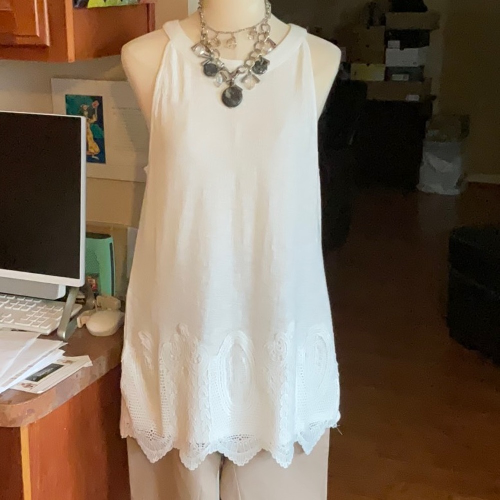 ADRIANNA PAPELL Gauzy Crepe Crochet Halter Top in Ivory Size M & L, NWT